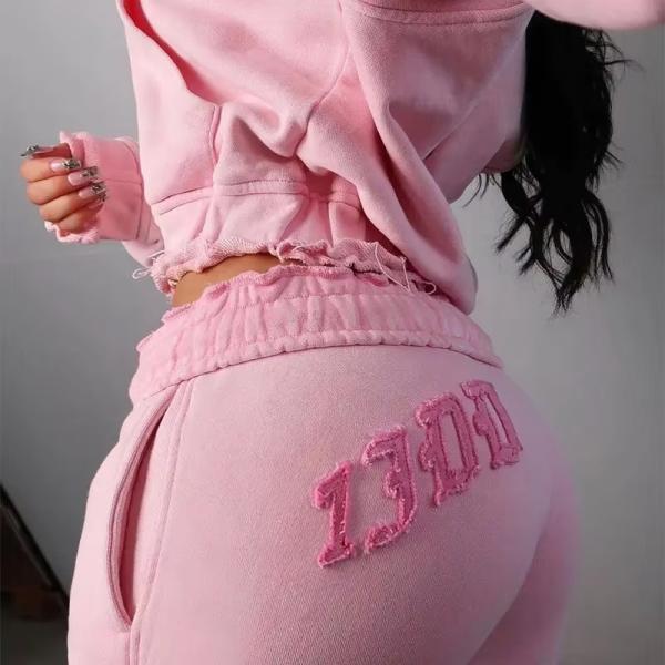 New Street Wear Custom Patch Embroidery Acid Washed Cropped Oversized Distressed Zip up Hoodie 2 Piece Set Joggers Womens