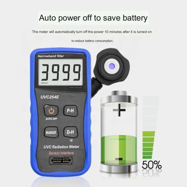 UVC254E UV Light Meter with Adjustable Intensity Detector, High Precision Silicon Photo Diode, and Double-Section Retractable Handle