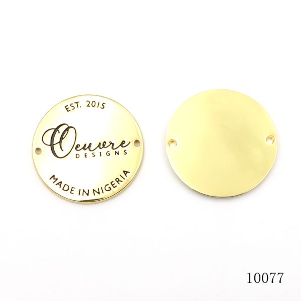 Gold Metal Logo Tag 38mm Custom Logo Name Tags Round With Black Oil Text Bag Charms