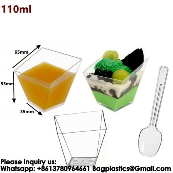 Plastic Dessert Cups Small Clear Square Parfait Cups with Spoons, Mini Plastic Tumbler Serving Cups for Tasting Party Appetizers Mousse Yogurt