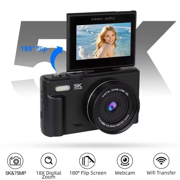 WD08 Digital Camera 5K 64MP UHD Cameras 18X Digital Zoom 180° Flip Screen Camera