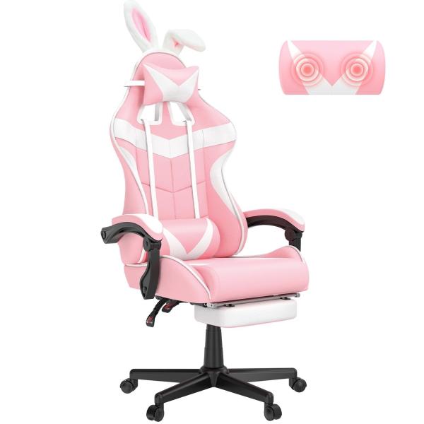 Swivel Chair Pink Gaming Chair with Footrest and Adorable Bunny Design Mail Packing