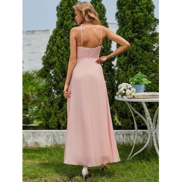 Beautiful Sleeveless V-neck Spaghetti Strap A-line Dusty Navy Chiffon Prom Dress With Lotus Leaf