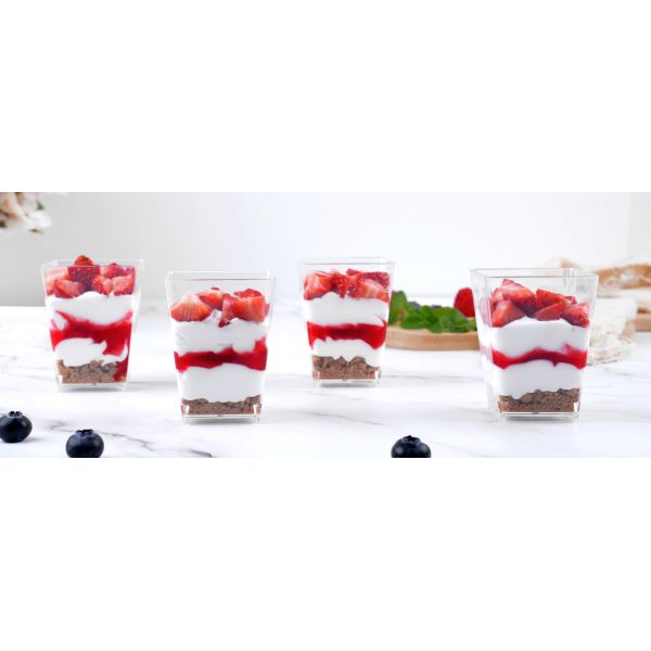 5 Oz Plastic Dessert Cups With Spoons, Small Clear Square Desert Cake Shooters Trifle Cups For Parfait, Puddings, Pastry, Mousse And Appetizers