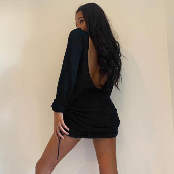 Autumn Halter Neck Sexy Black Long Sleeve Dress  Backless Knitted