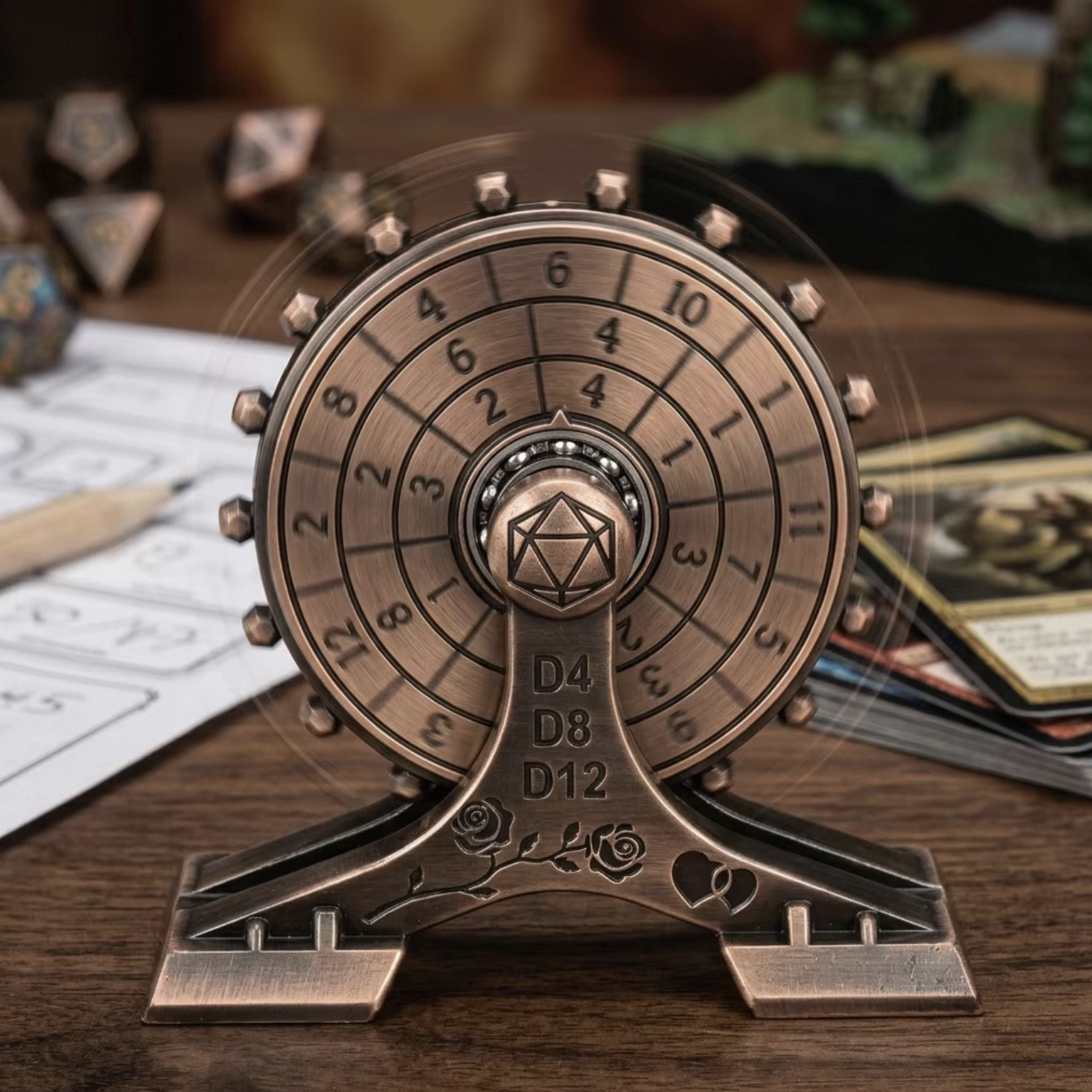 Solid Zinc Alloy Dice Wheel with Silent Bearing and Vintage Rose Carved Design for DND TRPG Games
