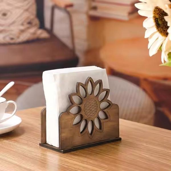 Nouveau porte-serviette en bois massif sculpté en tournesol Dispenser de tissus en bois élégant pour la décoration de table de restaurant