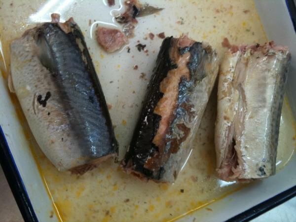 Cavala enlatada travada selvagem saudável na salmoura, faixas da cavala enlatadas para a salada