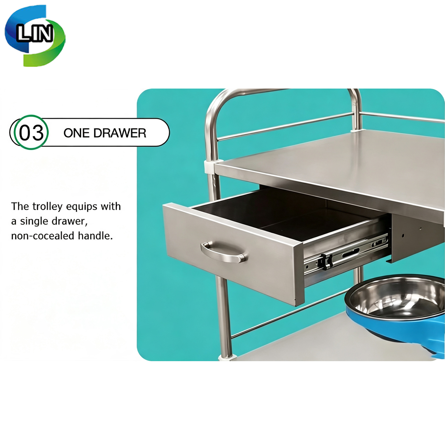 Stainless Steel Inner Frame Medical Treatment Cart with 3 Sides Guardrail and Independent Brake