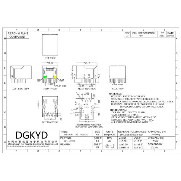 Industrial RJ45 Female Connector 10/100 Base-T with LED 8P8C