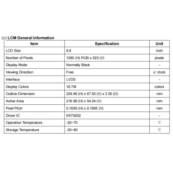 8,8 Nits модуля 1000 высоких яркости TFT LCD дюйма 1280 x 320 с интерфейсом LVDS