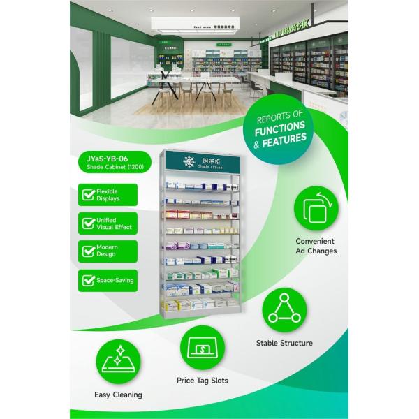 JYaS-YB-06 Eco-friendly Community Pharmacy Shade Cabinet with White Glossy Boards and Clear Glass Shelves