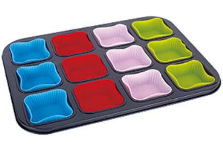 China Supplier heavy carbon steel bakeware 230C Heat-resistant baking tin with silicone cups muffin pan