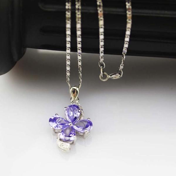 Sterling Silver  Chain Necklace with Blue Cubic Zirconia Quatrefoil Charm Pendant(P05)