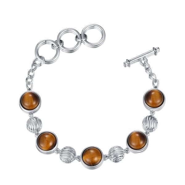 Women 925 Silver Gemstone Pendant Round Rhodium Plating Tiger Eye Stone Pendant