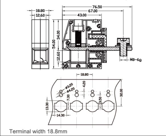 ширина винта 18.8mm AWG M6 блоков 600V 6-1/0 ввода питания 150A терминальная терминальная