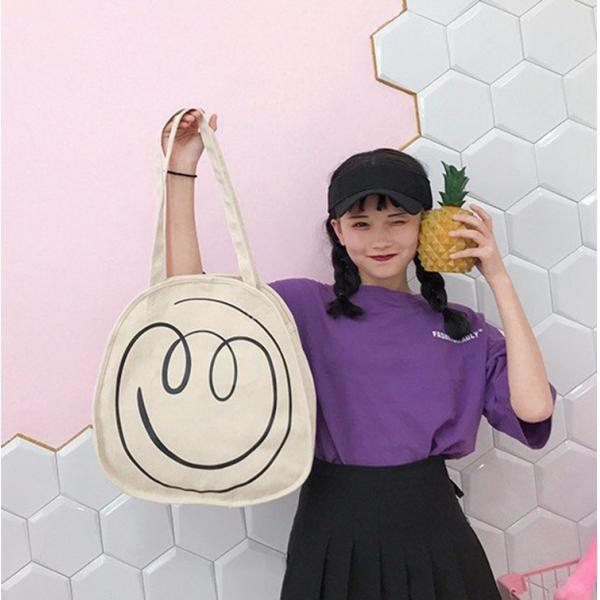 Spring / summer 2018 new Japanese smiley face printed canvas bag women shoulder bag art handbag