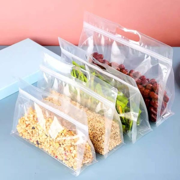Customizable Food-Grade Transparent/Frosted Flat Satchel Self-Sealing  Plastic Bags Carry Handle For Food Packaging