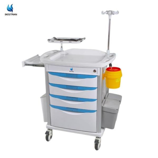 4 Drawers ABS Emergency Medical Trolley With Defibrillator Shelf Oxygen Tank Holder