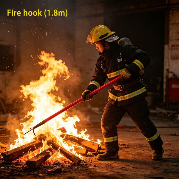 1.8m Wooden Fire Rescue Hook Heavy Duty Metal Fire Hook Wooden Pole Fire Fighting Hook for Fire Site Rescue and Debris Cleaning