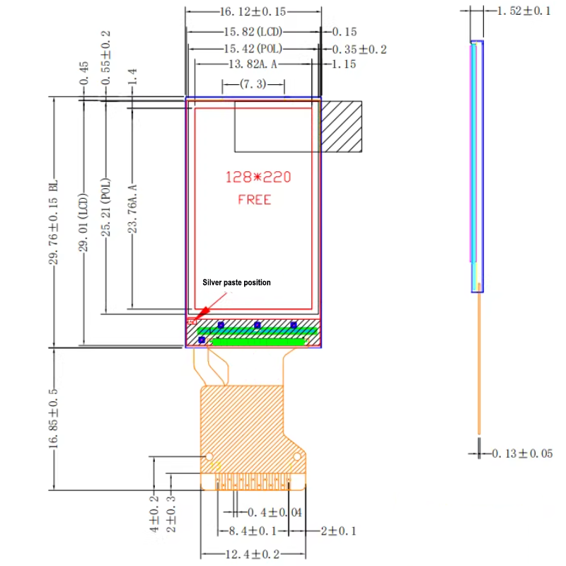 1.08 inches, driven by GC9203, with a 128X220 TFT display screen of IPS type