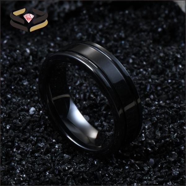 Bandas de boda de cerámica negra geométrica con doble ranura de 6 mm para hombres mujeres