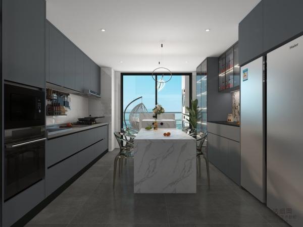 Armoires de cuisine linéaires doubles en acier inoxydable gris-bleu avec stockage de vin et île multifonctionnelle