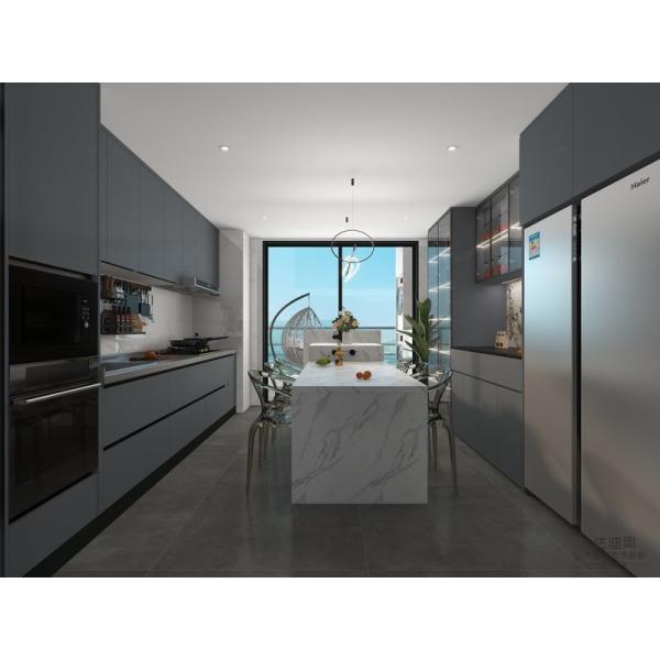 Fadior Gray-Blue Stainless Steel Double Linear Kitchen Cabinets With Wine Storage And Multifunctional Island