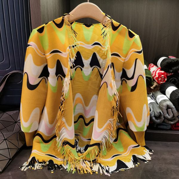 Women's Versatile Spring New Style Pleated Jacket Design Inspired Tassel Printed Casual Outerwear with Polyester Lining