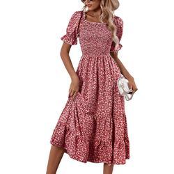                  Floral Print Dresses Short Puff Sleeve Square Neck Shirred Detail MIDI Women Dresses             