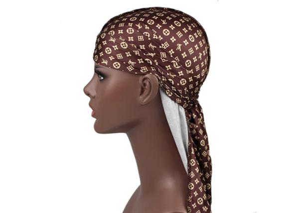 Small Print Brown LV Silk Silky Satin Designer Durag  Supplier Bulk Wholesale