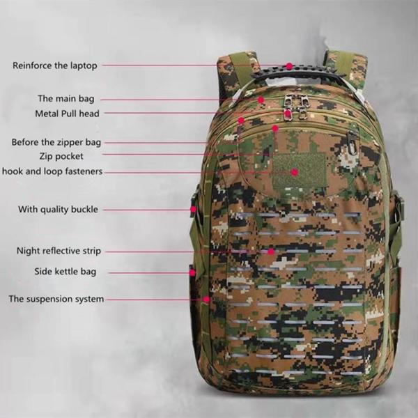 Anti Theft Rechargeable USB Military Hiking Backpack 60L Camouflage