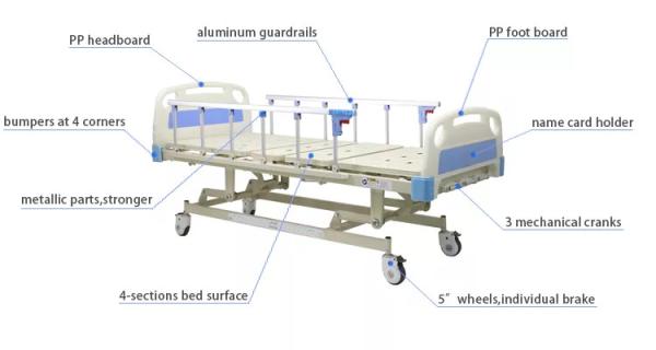 3 function manual medical hospital bed  for  patient 3 crank hospital bed