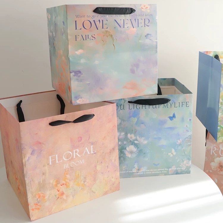 Oil Painting Style Floral Paper Gift Bags With Ribbon Handles For Retail