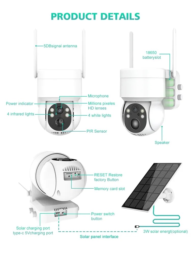 Панель солнечных батарей камеры слежения 4G 3.7W 4MP WiFi PTZ солнечная прочная
