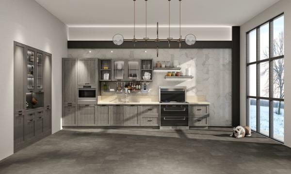 Armoire de cuisine en acier inoxydable gris clair à ligne unique avec panneaux texturés en bois