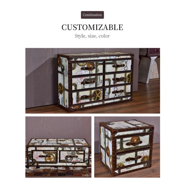 Nidea #8517 Vintage Antique Rustic Luxury Classic Chest Cabinet with Hand-Painted Design Patterns, 6-Drawer Living Room Cabinet