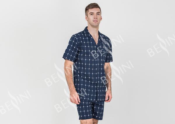 Navy Blue Mens Luxury Sleepwear Button Through Shirt And Short Pants Eco Friendly