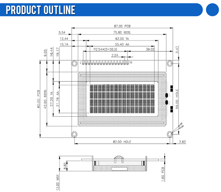 European BTN Black Film 1604A 3.3V Character LCD Industrial Display Screen IPC ST7066U