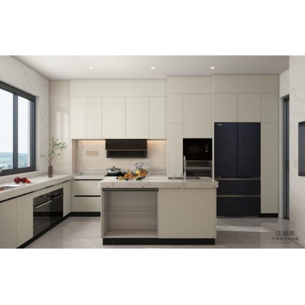 Off-White U-Shaped Stainless Steel Kitchen Cabinet with Island
