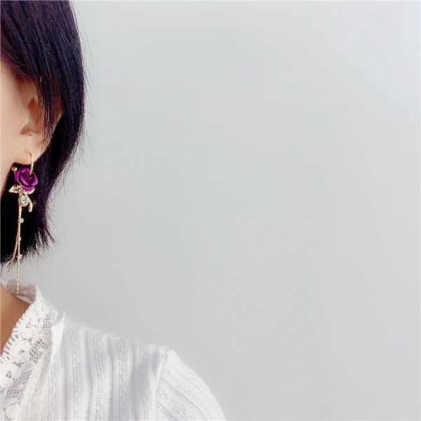 2025 New Arrival Fashion Fancy Pretty Purple Rose Zircon Long Tassel Earrings for Women