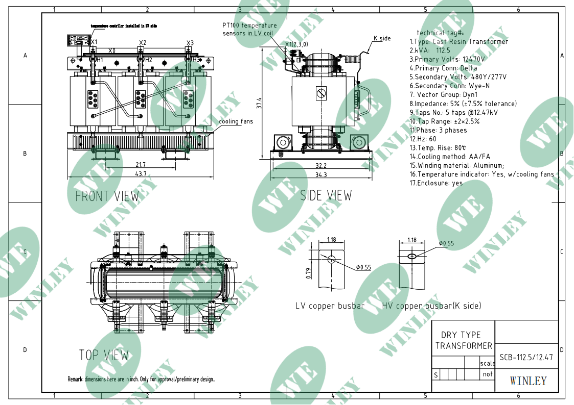 225kVA Three Phase Cast Resin Dry Type Transformer 12470V to 480Y/277V ANSI/IEEE DOE 2016 Standards