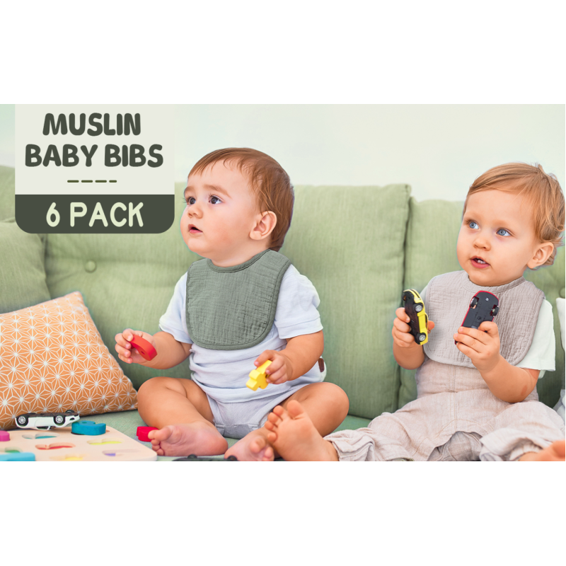 6-Pack Muslin Baby Bibs with Soft Plush Dots，100%Cotton Baby Drool Bibs for Unisex