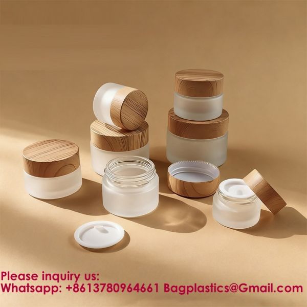 Glass Jars With Lids Clear Small Jars With Plastic Woodgrain Lids, White Labels And Inner Liners Empty Round Cosmetic Containers For Creams Lotions Candle Making (Clear)