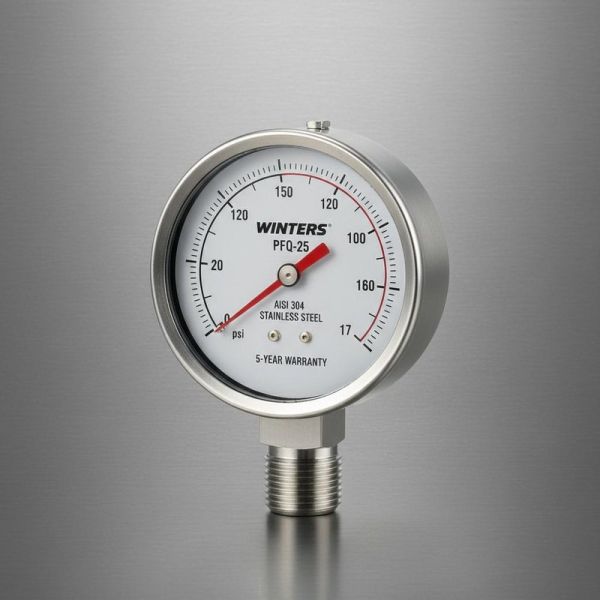 WINTERS PFQ-25 63mm Dial Size Industrial Pressure Gauge with AISI 304 Stainless Steel and 5-Year Warranty