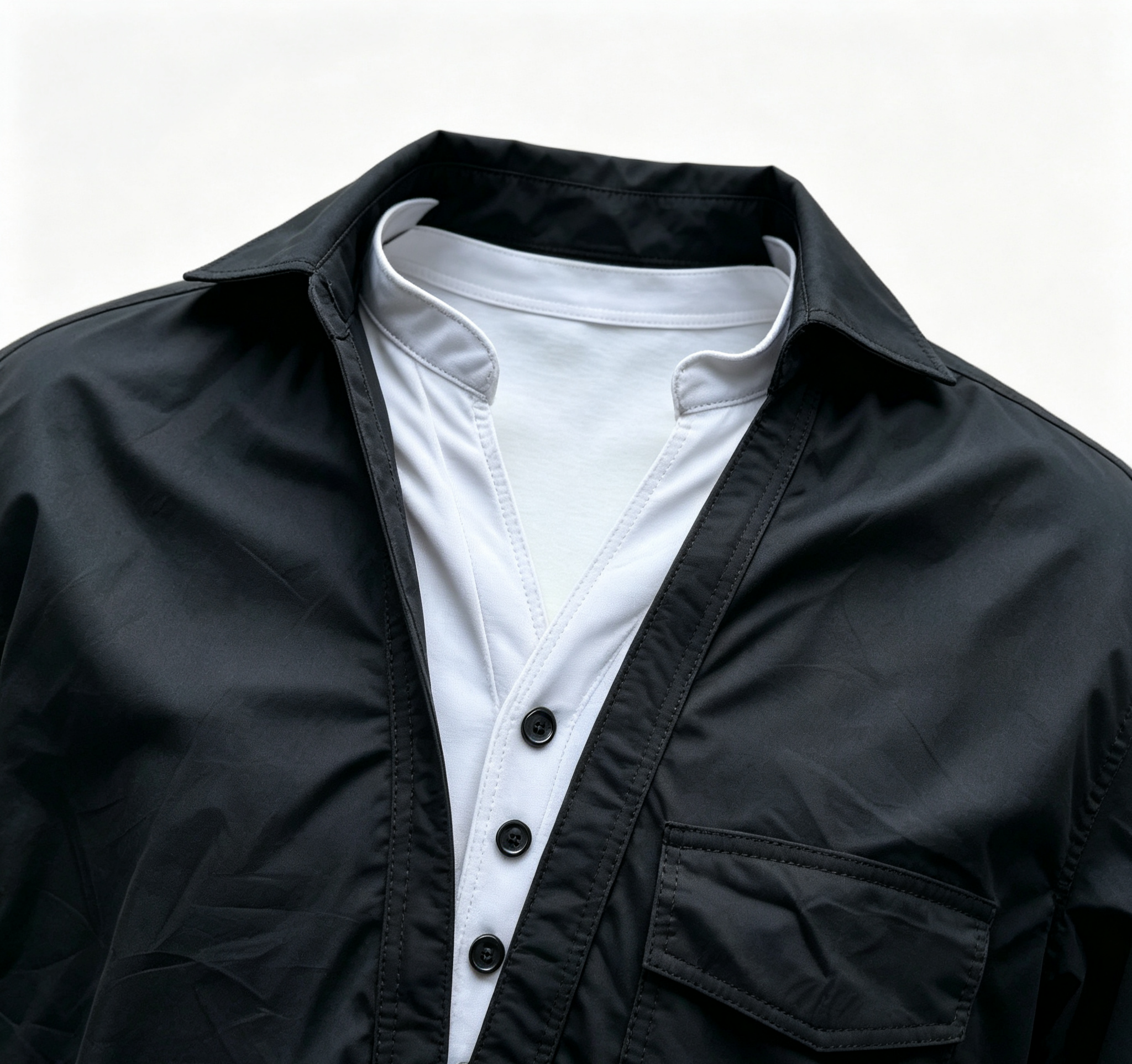 Fake Two Tone Contrast Collar Long Sleeve Shirt, Black White Half Placket Casual Men’s Pocket Shirt