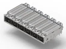 TE 2143307-1 QSFP Cage Ganged (1 x 6) com conector do dissipador de calor Press-Fit Through Hole Incluído Lightpipe