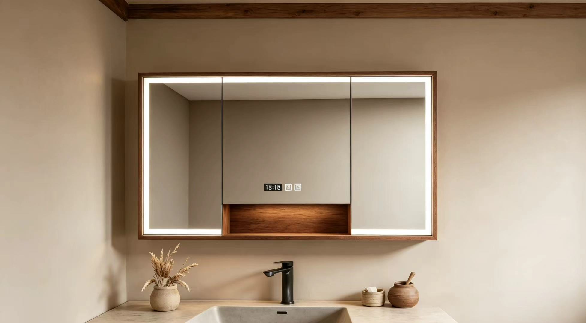 Kingstin Wood Grain Stainless Steel LED Bathroom Mirror Cabinet with Open Storage Shelf & Touch Control Light