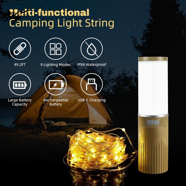 150-Light Plastic Camping Lantern with 49.2FT String 2 in 1 Warm White LED Tent Light