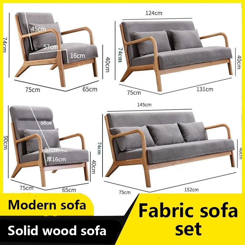 Home Office Natural Rubber Wood Fabric Sofa Set Furniture Combination for Small Family